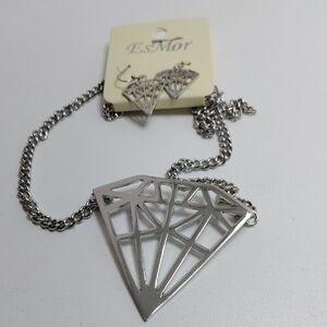 Silver Tone Geometric Diamond Pendant Necklace and Earring Set
